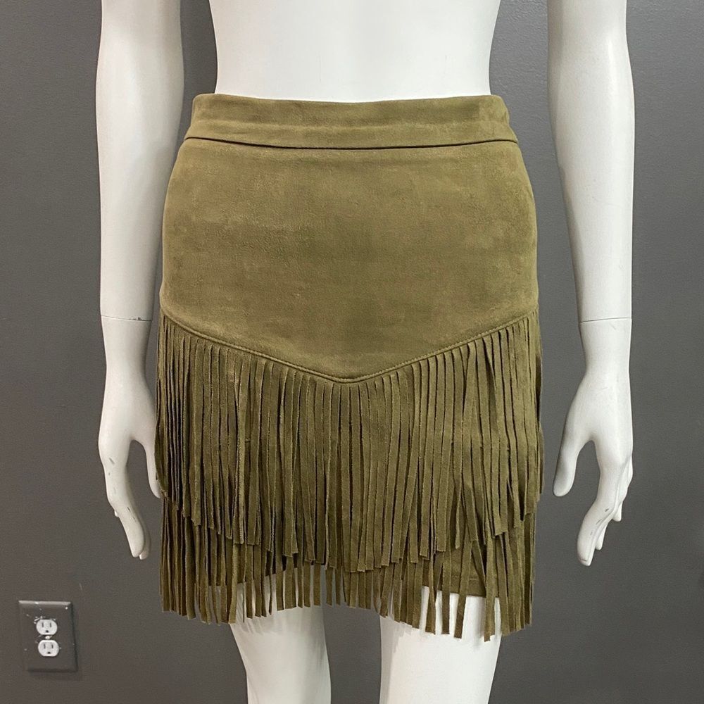 Altar'd State Olive Fringe Faux Suede Mini Skirt Size XS